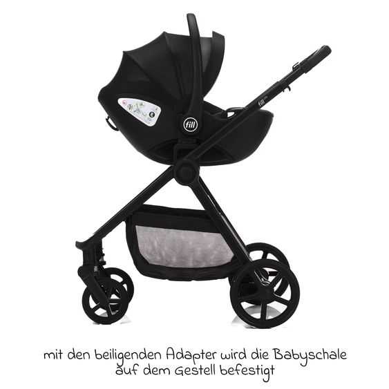 Fillikid 3-1 Kombi-Kinderwagen-Set Lion mit Sportsitz, Babywanne, Babyschale, Adapter, Fußdecke und Wickeltasche - Schwarz