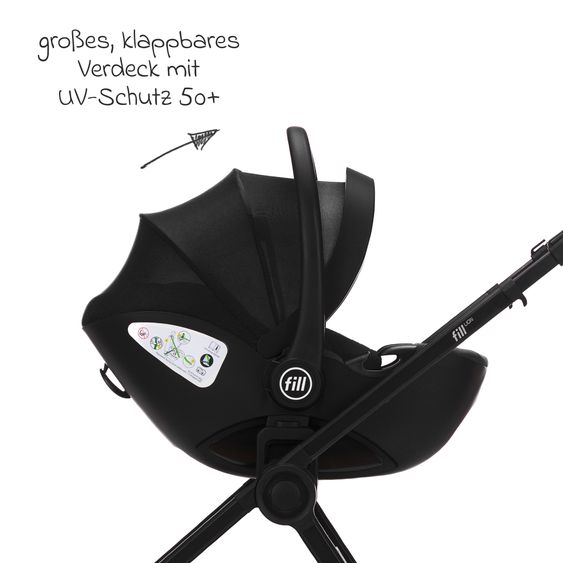 Fillikid 3-1 Kombi-Kinderwagen-Set Lion mit Sportsitz, Babywanne, Babyschale, Adapter, Fußdecke und Wickeltasche - Schwarz