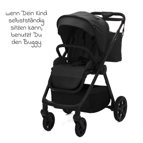 Fillikid 3-1 Kombi-Kinderwagen-Set Lion mit Sportsitz, Babywanne, Babyschale, Adapter, Fußdecke und Wickeltasche - Schwarz