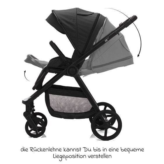 Fillikid 3-1 Kombi-Kinderwagen-Set Lion mit Sportsitz, Babywanne, Babyschale, Adapter, Fußdecke und Wickeltasche - Schwarz