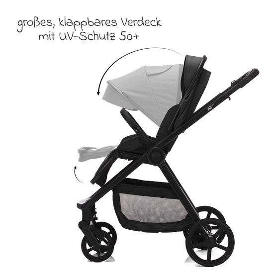 Fillikid 3-1 Kombi-Kinderwagen-Set Lion mit Sportsitz, Babywanne, Babyschale, Adapter, Fußdecke und Wickeltasche - Schwarz