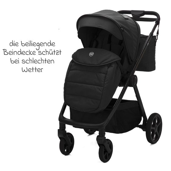 Fillikid 3-1 Kombi-Kinderwagen-Set Lion mit Sportsitz, Babywanne, Babyschale, Adapter, Fußdecke und Wickeltasche - Schwarz