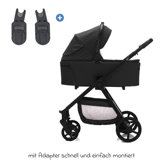 Fillikid 3-1 Kombi-Kinderwagen-Set Lion mit Sportsitz, Babywanne, Babyschale, Adapter, Fußdecke und Wickeltasche - Schwarz