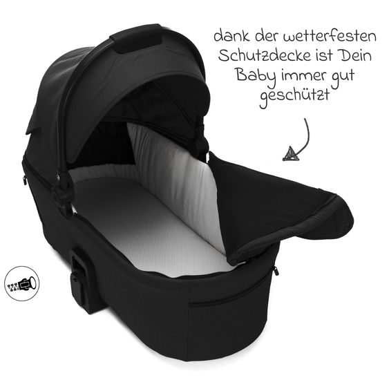 Fillikid 3-1 Kombi-Kinderwagen-Set Lion mit Sportsitz, Babywanne, Babyschale, Adapter, Fußdecke und Wickeltasche - Schwarz