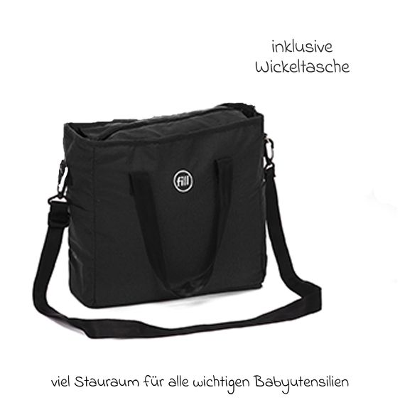 Fillikid 3-1 Kombi-Kinderwagen-Set Lion mit Sportsitz, Babywanne, Babyschale, Adapter, Fußdecke und Wickeltasche - Schwarz