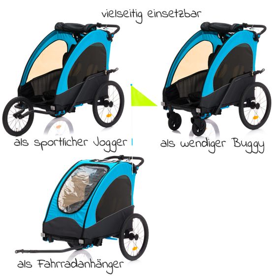 Fillikid Rimorchio per bicicletta, passeggino e jogger 3 in 1 Fill Rhino per 2 bambini (fino a 40 kg) - Blu Grigio