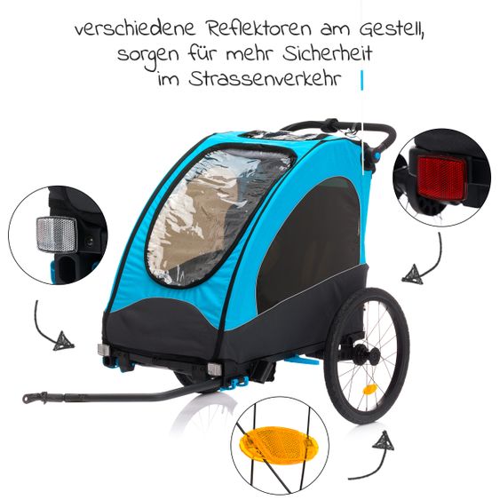 Fillikid Rimorchio per bicicletta, passeggino e jogger 3 in 1 Fill Rhino per 2 bambini (fino a 40 kg) - Blu Grigio