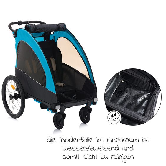 Fillikid Rimorchio per bicicletta, passeggino e jogger 3 in 1 Fill Rhino per 2 bambini (fino a 40 kg) - Blu Grigio