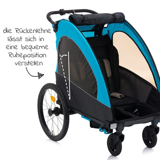 Fillikid Rimorchio per bicicletta, passeggino e jogger 3 in 1 Fill Rhino per 2 bambini (fino a 40 kg) - Blu Grigio