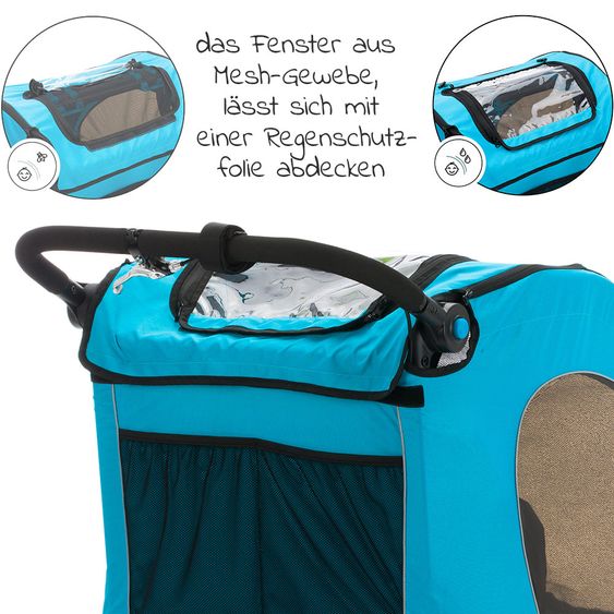 Fillikid Rimorchio per bicicletta, passeggino e jogger 3 in 1 Fill Rhino per 2 bambini (fino a 40 kg) - Blu Grigio