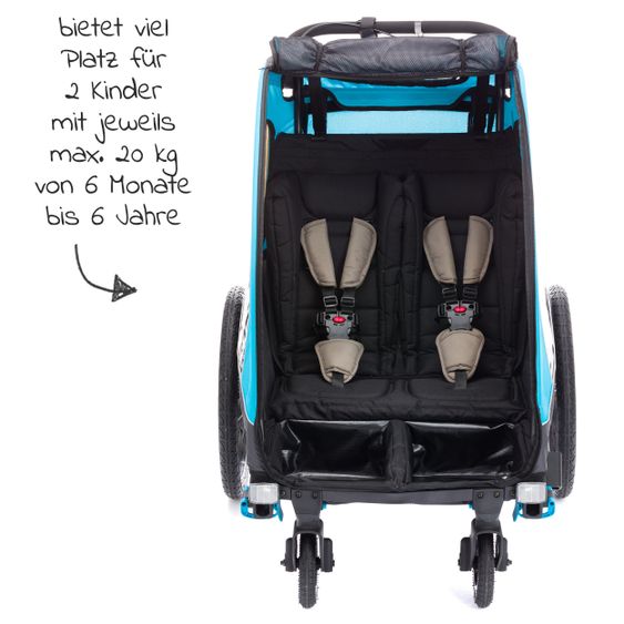 Fillikid Rimorchio per bicicletta, passeggino e jogger 3 in 1 Fill Rhino per 2 bambini (fino a 40 kg) - Blu Grigio