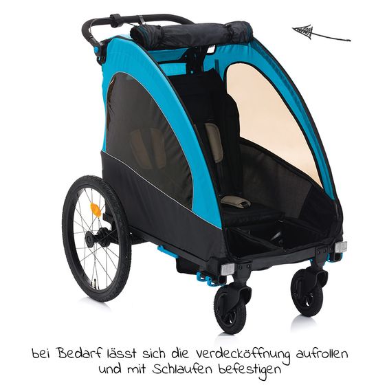 Fillikid Rimorchio per bicicletta, passeggino e jogger 3 in 1 Fill Rhino per 2 bambini (fino a 40 kg) - Blu Grigio