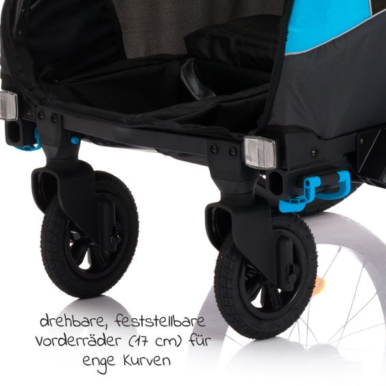 Fillikid Rimorchio per bicicletta, passeggino e jogger 3 in 1 Fill Rhino per 2 bambini (fino a 40 kg) - Blu Grigio