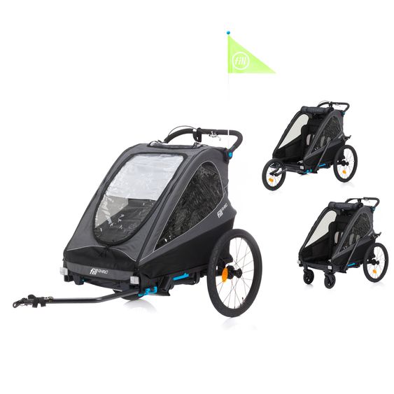 Fillikid Rimorchio per bicicletta 3in1 Rhino SL per 2 bambini (fino a 44 kg), utilizzabile anche come passeggino e jogger - grigio scuro