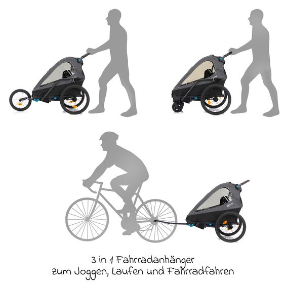 Fillikid Rimorchio per bicicletta 3in1 Rhino SL per 2 bambini (fino a 44 kg), utilizzabile anche come passeggino e jogger - grigio scuro