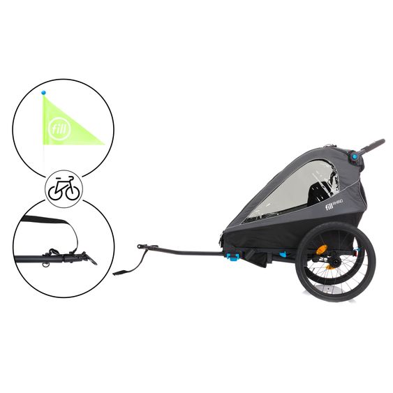 Fillikid 3in1 bicycle trailer Rhino SL for 2 children (up to 44 kg) can also be used as a buggy & jogger - dark gray