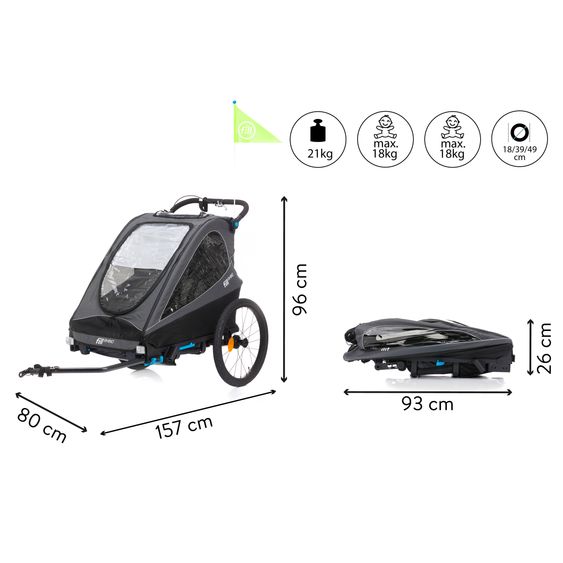 Fillikid 3in1 bicycle trailer Rhino SL for 2 children (up to 44 kg) can also be used as a buggy & jogger - dark gray