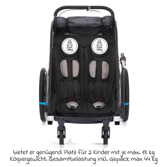 Fillikid 3in1 bicycle trailer Rhino SL for 2 children (up to 44 kg) can also be used as a buggy & jogger - dark gray