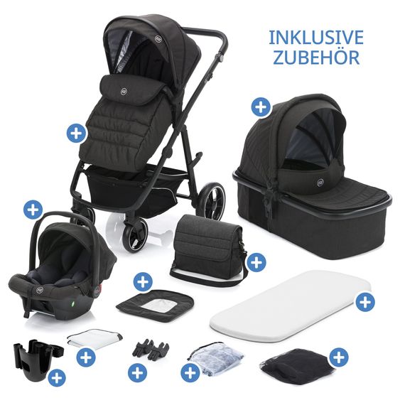 Fillikid 3-1 Set passeggino Fill Jaguar con seggiolino sportivo, navicella e materassino, seggiolino auto per neonati, borsa fasciatoio e fasciatoio, portabicchieri, parapioggia e parainsetti - grigio scuro melange