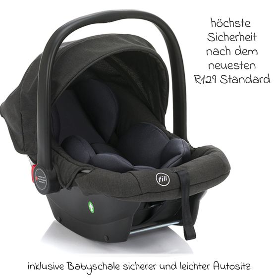 Fillikid 3-1 Set passeggino Fill Jaguar con seggiolino sportivo, navicella e materassino, seggiolino auto per neonati, borsa fasciatoio e fasciatoio, portabicchieri, parapioggia e parainsetti - grigio scuro melange