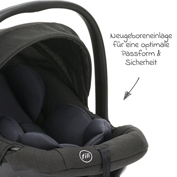 Fillikid 3-1 Set passeggino Fill Jaguar con seggiolino sportivo, navicella e materassino, seggiolino auto per neonati, borsa fasciatoio e fasciatoio, portabicchieri, parapioggia e parainsetti - grigio scuro melange