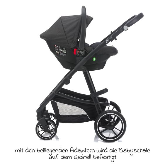 Fillikid 3-1 Set passeggino Fill Jaguar con seggiolino sportivo, navicella e materassino, seggiolino auto per neonati, borsa fasciatoio e fasciatoio, portabicchieri, parapioggia e parainsetti - grigio scuro melange