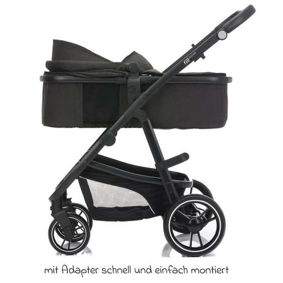 Fillikid 3-1 Set passeggino Fill Jaguar con seggiolino sportivo, navicella e materassino, seggiolino auto per neonati, borsa fasciatoio e fasciatoio, portabicchieri, parapioggia e parainsetti - grigio scuro melange