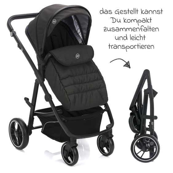 Fillikid 3-1 Set passeggino Fill Jaguar con seggiolino sportivo, navicella e materassino, seggiolino auto per neonati, borsa fasciatoio e fasciatoio, portabicchieri, parapioggia e parainsetti - grigio scuro melange