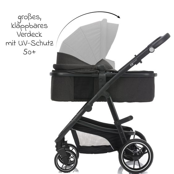 Fillikid 3-1 Set passeggino Fill Jaguar con seggiolino sportivo, navicella e materassino, seggiolino auto per neonati, borsa fasciatoio e fasciatoio, portabicchieri, parapioggia e parainsetti - grigio scuro melange