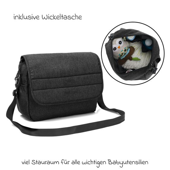 Fillikid 3-1 Set passeggino Fill Jaguar con seggiolino sportivo, navicella e materassino, seggiolino auto per neonati, borsa fasciatoio e fasciatoio, portabicchieri, parapioggia e parainsetti - grigio scuro melange