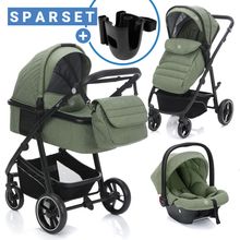 3in1 Kombi-Kinderwagen-Set Fill Jaguar mit Sportsitz, Babywanne & Matratze, Babyschale, Wickeltasche & Wickelauflage, Getränkehalter, Regen- & Insektenschutz - Grün Melange