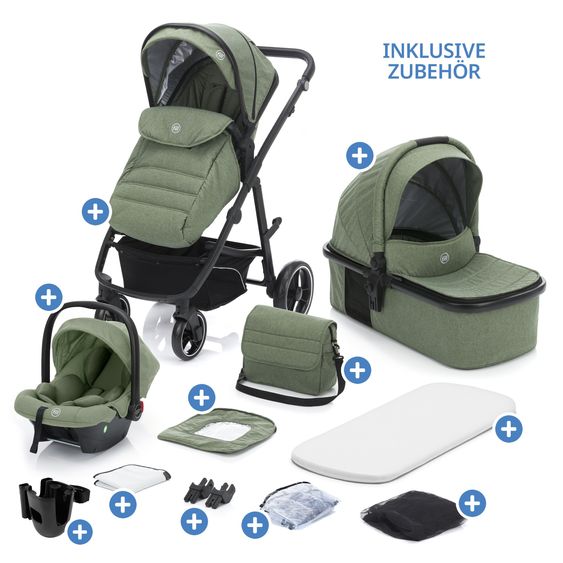 Fillikid Set passeggino 3-1 Fill Jaguar con seggiolino sportivo, navicella e materassino, seggiolino auto per neonati, borsa fasciatoio e fasciatoio, adattatore, portabicchieri, parapioggia e parainsetti - verde melange