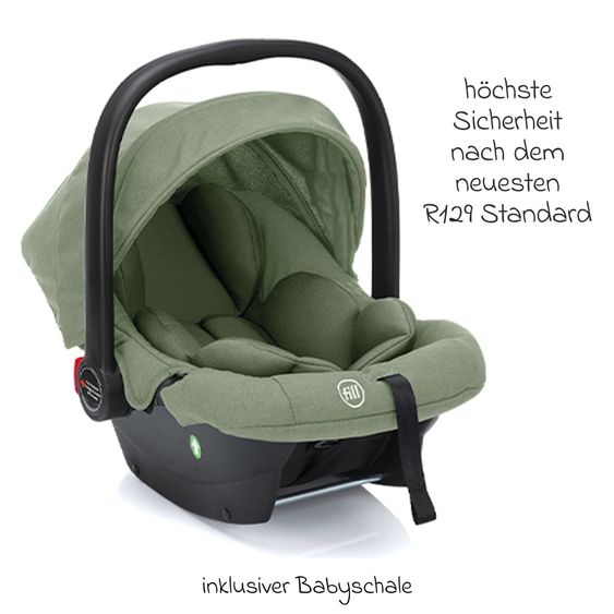 Fillikid Set passeggino 3-1 Fill Jaguar con seggiolino sportivo, navicella e materassino, seggiolino auto per neonati, borsa fasciatoio e fasciatoio, adattatore, portabicchieri, parapioggia e parainsetti - verde melange