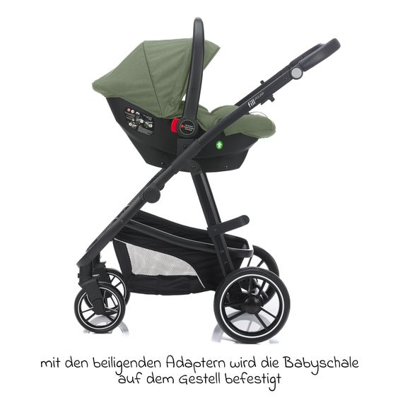 Fillikid Set passeggino 3-1 Fill Jaguar con seggiolino sportivo, navicella e materassino, seggiolino auto per neonati, borsa fasciatoio e fasciatoio, adattatore, portabicchieri, parapioggia e parainsetti - verde melange