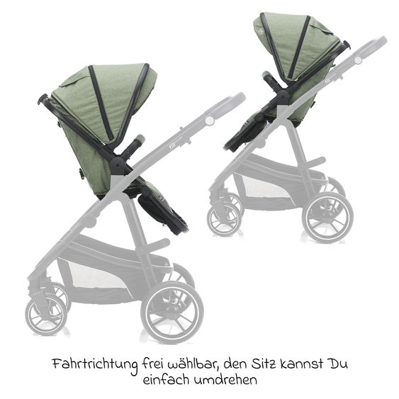 Fillikid Set passeggino 3-1 Fill Jaguar con seggiolino sportivo, navicella e materassino, seggiolino auto per neonati, borsa fasciatoio e fasciatoio, adattatore, portabicchieri, parapioggia e parainsetti - verde melange