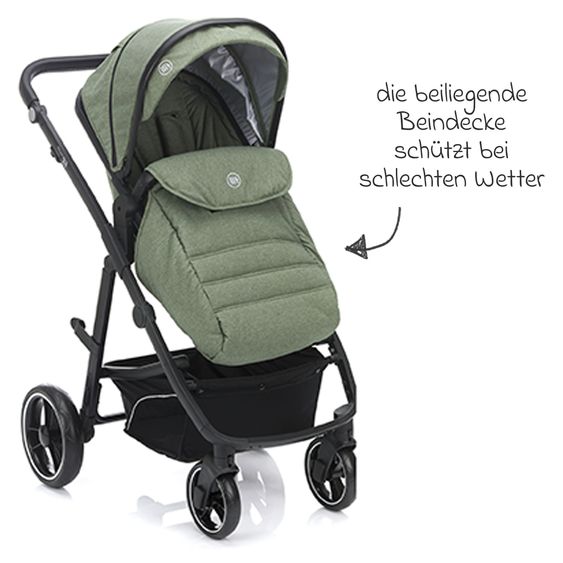Fillikid Set passeggino 3-1 Fill Jaguar con seggiolino sportivo, navicella e materassino, seggiolino auto per neonati, borsa fasciatoio e fasciatoio, adattatore, portabicchieri, parapioggia e parainsetti - verde melange