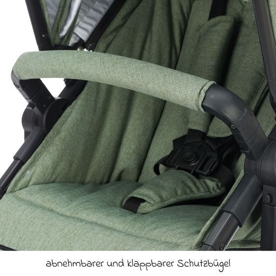 Fillikid Set passeggino 3-1 Fill Jaguar con seggiolino sportivo, navicella e materassino, seggiolino auto per neonati, borsa fasciatoio e fasciatoio, adattatore, portabicchieri, parapioggia e parainsetti - verde melange