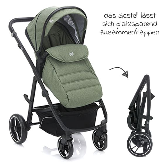 Fillikid Set passeggino 3-1 Fill Jaguar con seggiolino sportivo, navicella e materassino, seggiolino auto per neonati, borsa fasciatoio e fasciatoio, adattatore, portabicchieri, parapioggia e parainsetti - verde melange