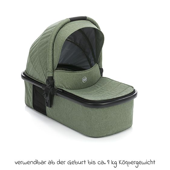 Fillikid Set passeggino 3-1 Fill Jaguar con seggiolino sportivo, navicella e materassino, seggiolino auto per neonati, borsa fasciatoio e fasciatoio, adattatore, portabicchieri, parapioggia e parainsetti - verde melange