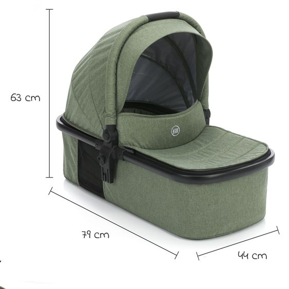 Fillikid Set passeggino 3-1 Fill Jaguar con seggiolino sportivo, navicella e materassino, seggiolino auto per neonati, borsa fasciatoio e fasciatoio, adattatore, portabicchieri, parapioggia e parainsetti - verde melange