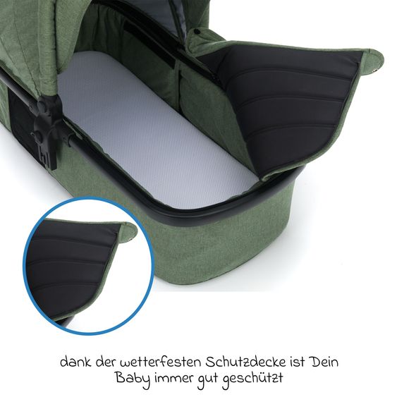 Fillikid Set passeggino 3-1 Fill Jaguar con seggiolino sportivo, navicella e materassino, seggiolino auto per neonati, borsa fasciatoio e fasciatoio, adattatore, portabicchieri, parapioggia e parainsetti - verde melange