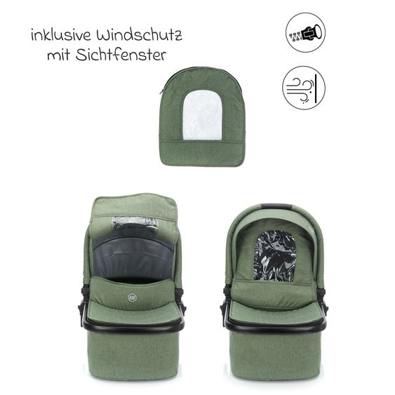 Fillikid Set passeggino 3-1 Fill Jaguar con seggiolino sportivo, navicella e materassino, seggiolino auto per neonati, borsa fasciatoio e fasciatoio, adattatore, portabicchieri, parapioggia e parainsetti - verde melange