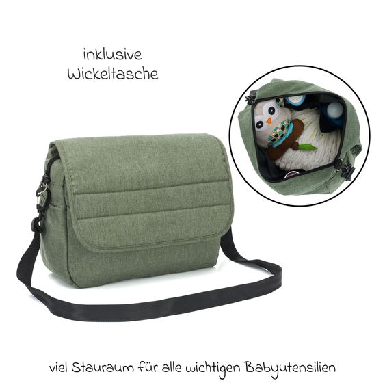 Fillikid Set passeggino 3-1 Fill Jaguar con seggiolino sportivo, navicella e materassino, seggiolino auto per neonati, borsa fasciatoio e fasciatoio, adattatore, portabicchieri, parapioggia e parainsetti - verde melange