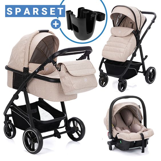 Fillikid Set passeggino 3-1 Fill Jaguar con seggiolino sportivo, navicella e materassino, seggiolino auto per neonati, borsa fasciatoio e fasciatoio, adattatore, portabicchieri, parapioggia e parainsetti - Sabbia