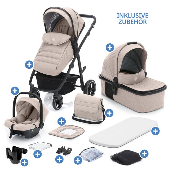 Fillikid Set passeggino 3-1 Fill Jaguar con seggiolino sportivo, navicella e materassino, seggiolino auto per neonati, borsa fasciatoio e fasciatoio, adattatore, portabicchieri, parapioggia e parainsetti - Sabbia