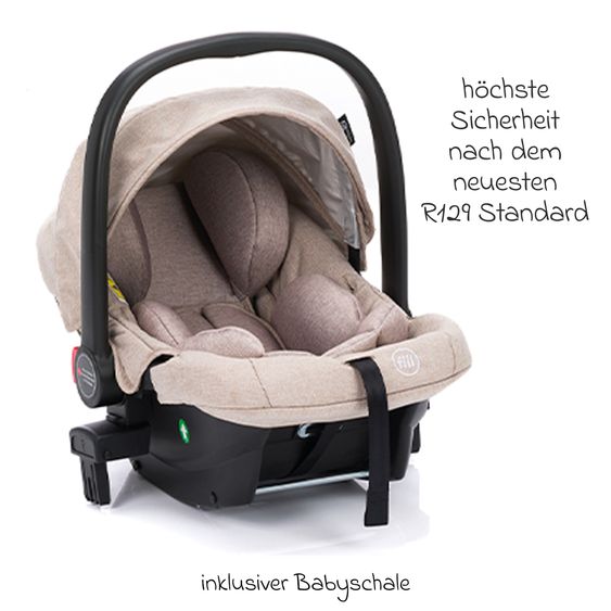 Fillikid Set passeggino 3-1 Fill Jaguar con seggiolino sportivo, navicella e materassino, seggiolino auto per neonati, borsa fasciatoio e fasciatoio, adattatore, portabicchieri, parapioggia e parainsetti - Sabbia