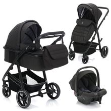 4-1 Kombi-Kinderwagen-Set Fill Jaguar mit Sportsitz, Babywanne mit Matratze, Babyschale, Wickeltasche mit Wickelauflage, Adapter & Regenschutz - Dunkelgrau Melange