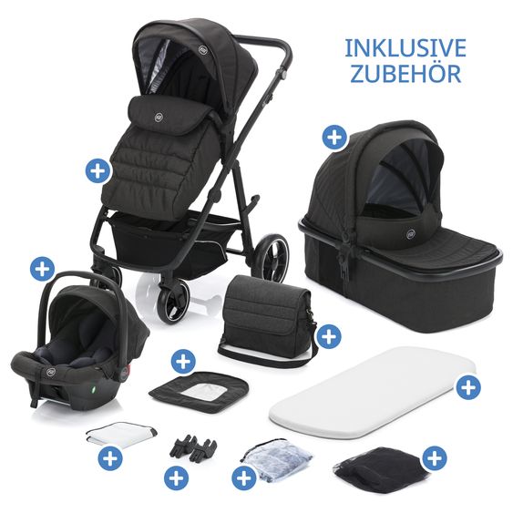 Fillikid 4-1 Fill Jaguar baby carriage set with sports seat, carrycot with mattress, infant car seat, changing bag with changing mat, adapter & rain cover - dark gray melange