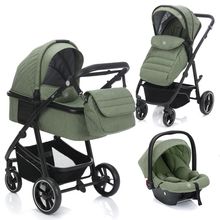 3-1 Kombi-Kinderwagen-Set Fill Jaguar mit Sportsitz, Babywanne mit Matratze, Babyschale, Wickeltasche mit Wickelauflage, Adapter, Regenschutz & Insektenschutz - Grün Melange