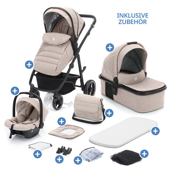 Fillikid 4-1 Kombi-Kinderwagen-Set Fill Jaguar mit Sportsitz, Babywanne mit Matratze, Babyschale, Wickeltasche mit Wickelauflage, Adapter, Regenschutz & Insektenschutz - Sand